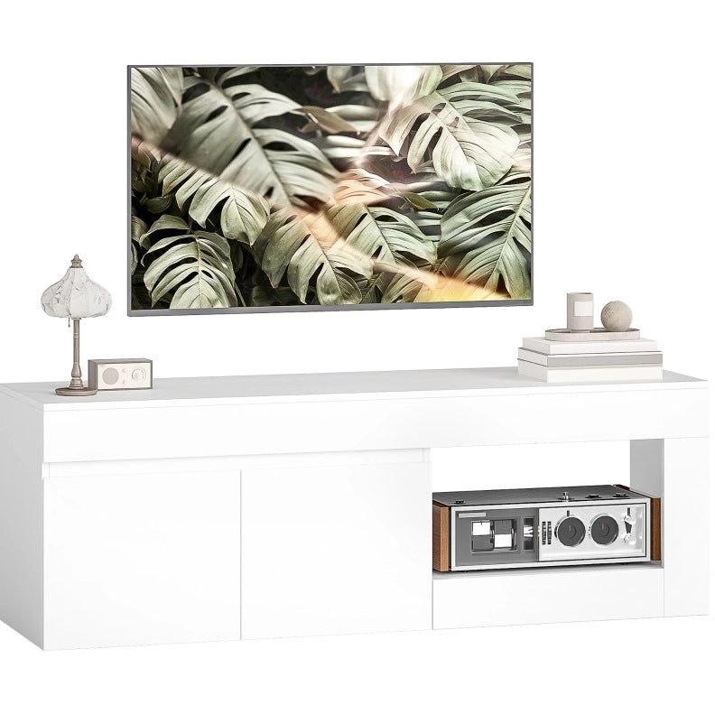 Mobile TV bianco da 140 cm con 2 ante e vano aperto, fino a 60 pollici