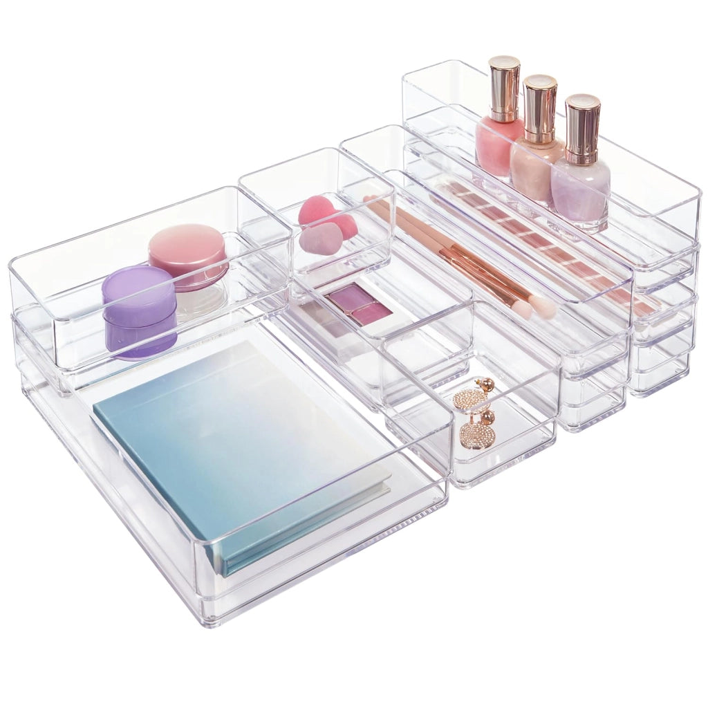 Set di organizer per cassetti, 10 pezzi, trasparenti, impilabili