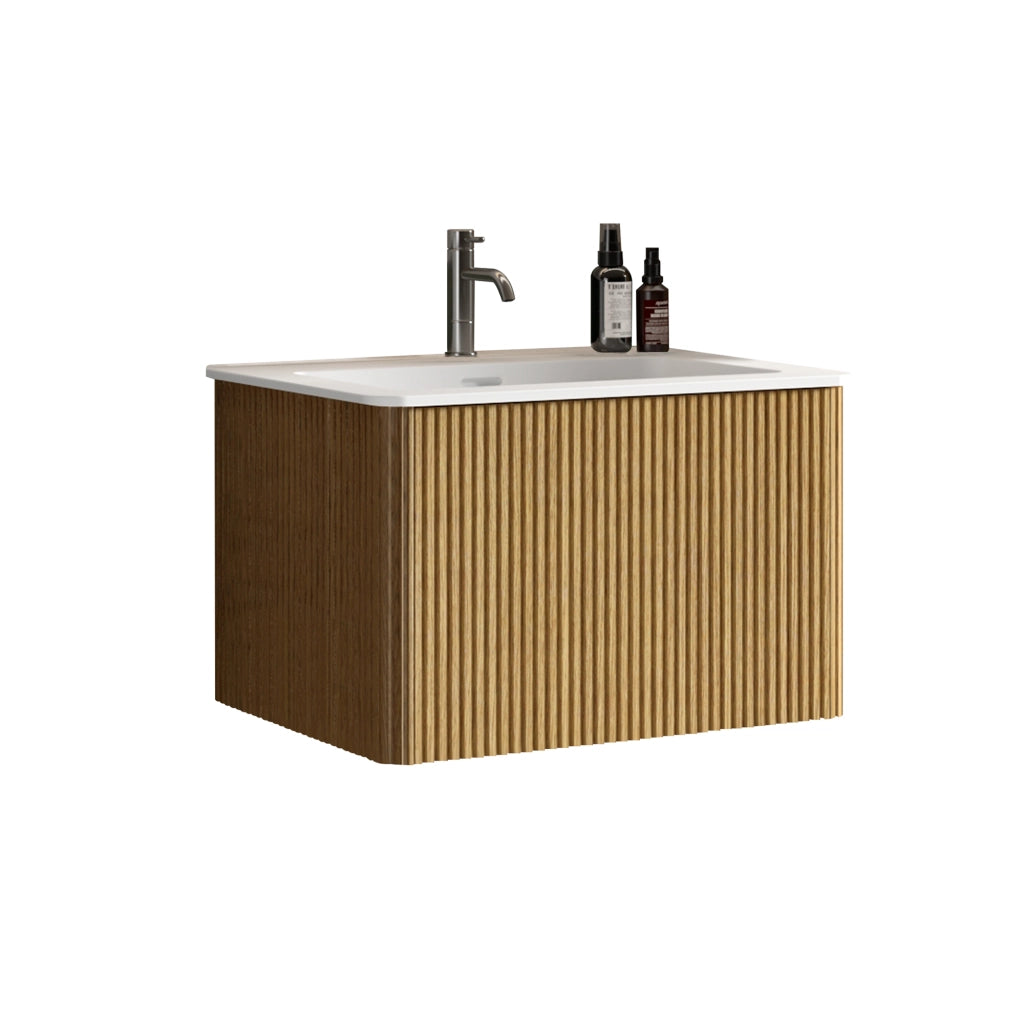 Mobile sottolavabo da bagno con lavabo 60 cm in MDF compensato e solid surface rovere con cassetti a pressione