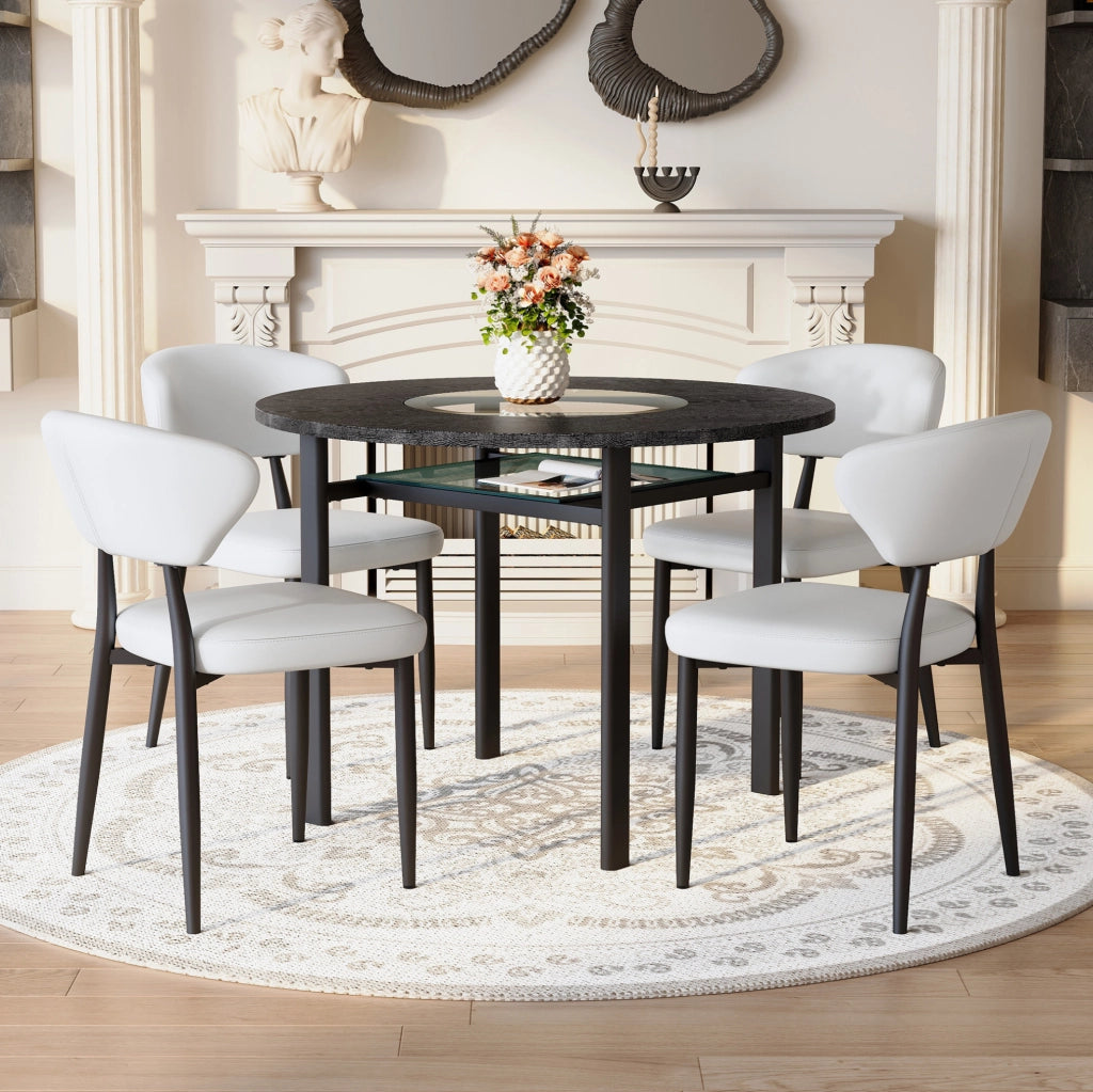 Set tavolo rotondo IVMEU ? 100 cm con 4 sedie bianche, piano effetto legno nero con inserto in vetro