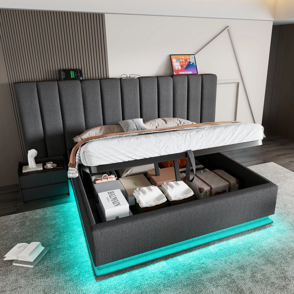 Letto contenitore 160 ¡Á 200 cm con sollevamento idraulico; LED 360¡ã; USB e USB-C; lino grigio