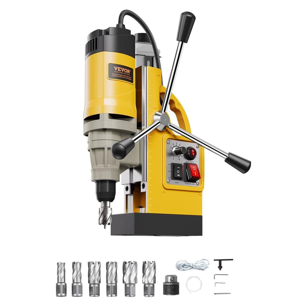 Trapano magnetico elettrico a colonna ZT-50HAR con 6 punte per carotaggio, 1400 W, 12800 N, 50 mm, velocità variabile, per metallo, giallo