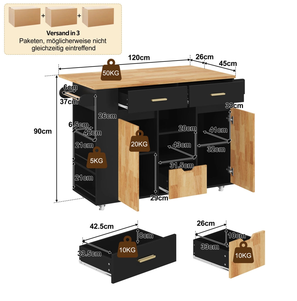 Isola da cucina mobile con piano allungabile, carrello con 3 cassetti e scaffale porta spezie, MDF effetto legno, 120×45(71)×90 cm