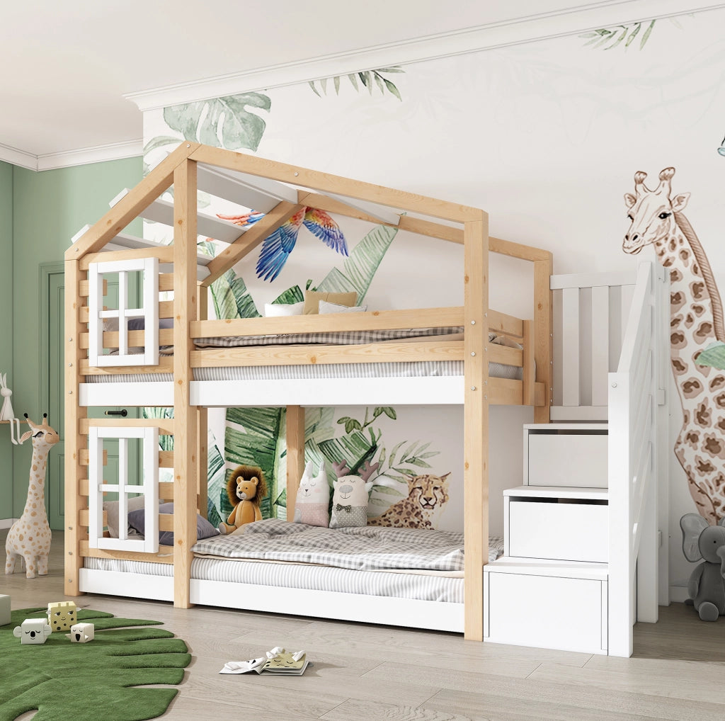 Letto a castello per bambini 90x200 cm; a casetta con scala contenitore; in pino; bianco e naturale; senza materasso