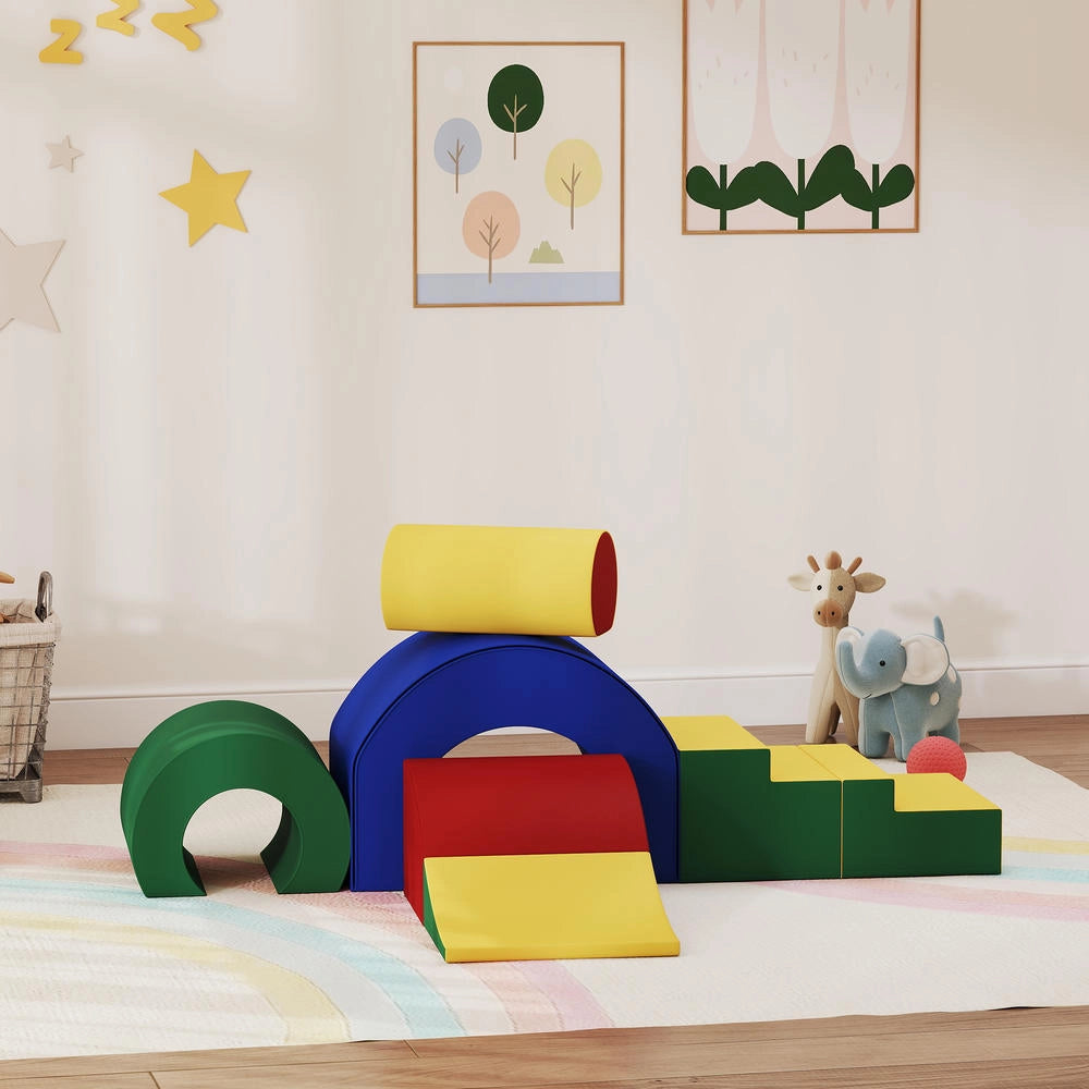 Set 5 Blocchi Morbidi per Bambini in Schiuma ed Ecopelle, Moduli da Gioco per Arrampicarsi e Gattonare da Interno, Multicolore