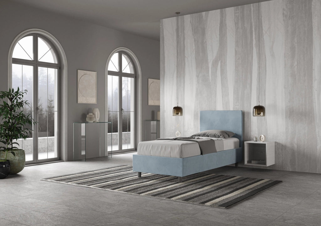 Letto Singolo Imbottito in Microfibra 100x210 Con Rete Adele Azzurro