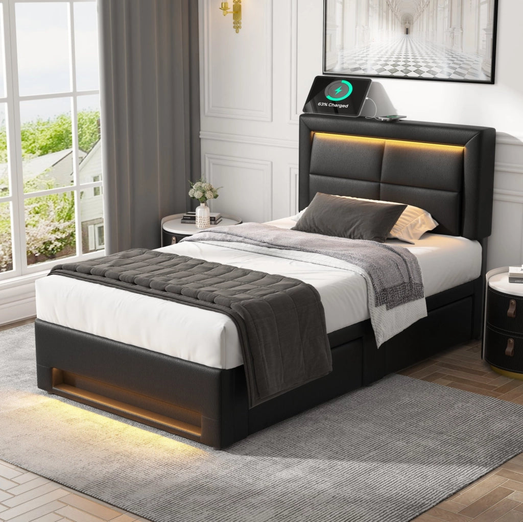 Letto singolo 90x200 cm in PU con LED; USB e 4 cassetti; nero