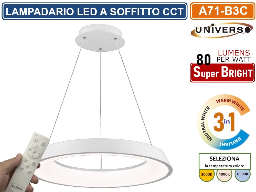 UNIVERSO A71-B3C LAMPADARIO LED SMD A SOSPENSIONE DESIGN CIRCOLARE 43W COLORE BIANCO CCT 3 IN 1 TEMPERATURA LUCE SELEZIONABILE