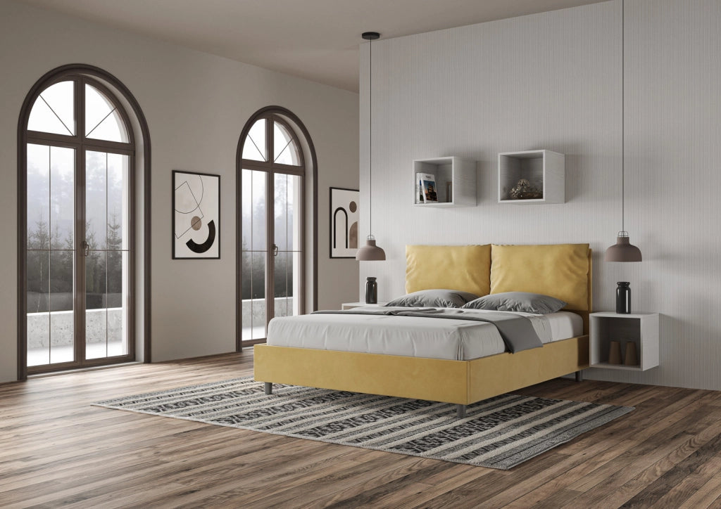 Letto Matrimoniale rivestito in Microfibra 150x210 Con Rete Antea Large Ocra