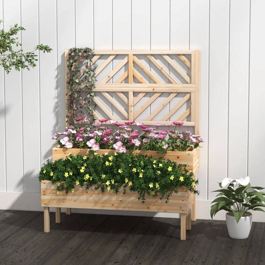 Fioriera Rialzata a 2 Livelli con Spalliera in Legno di Abete Naturale Fioriera da Giardino ed Esterno con Drenaggio
