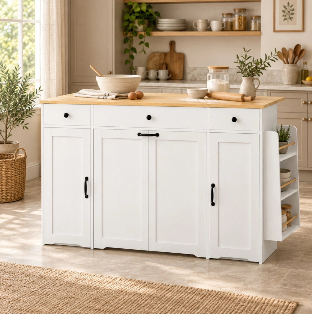 Credenza con 3 cassetti, 2 ante e piano in legno per cucina e sala da pranzo, bianco