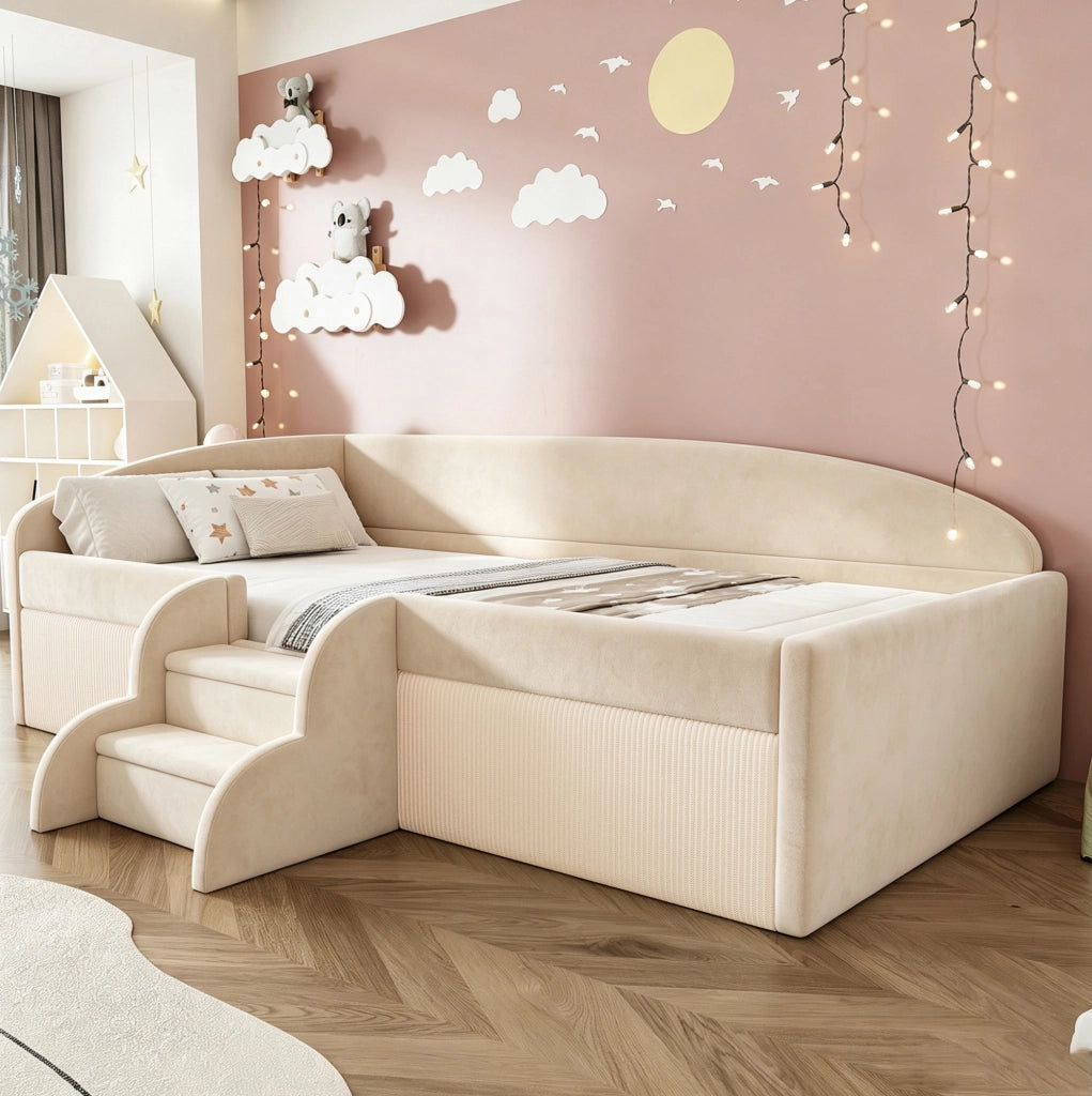 Letto singolo imbottito IVMEU 90x190 cm in velluto beige con sponde, gradini e rete a doghe per cameretta