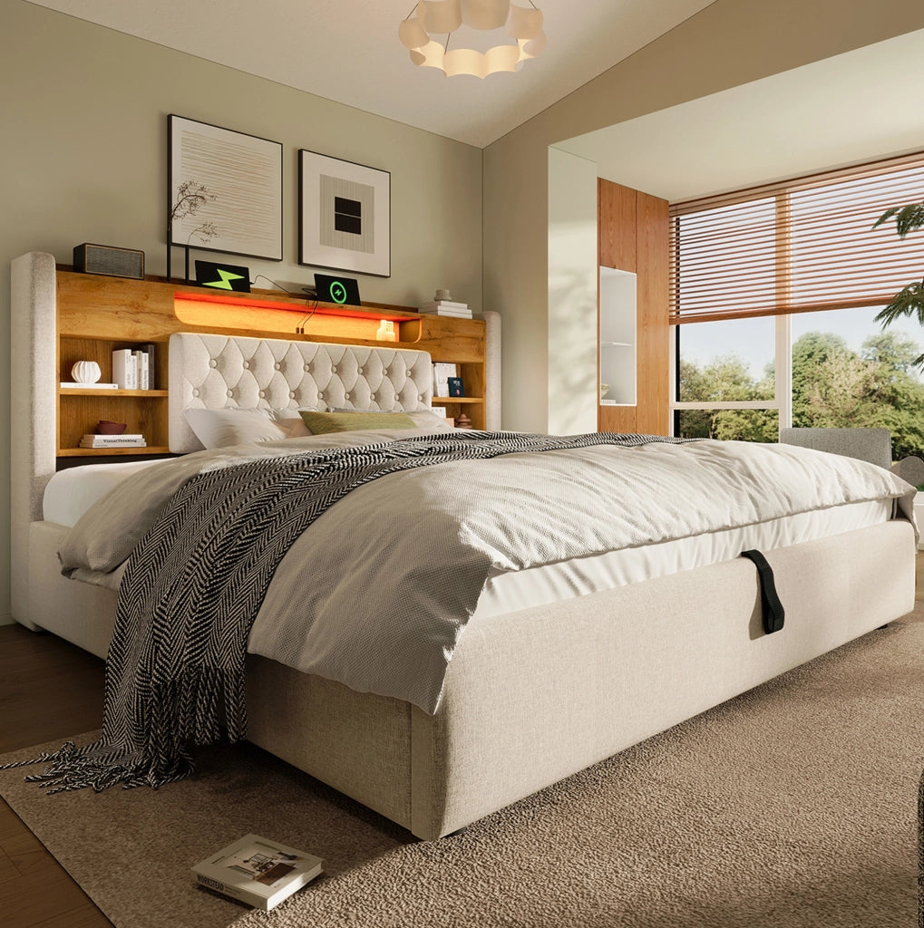 Letto contenitore idraulico 160 × 200 cm con LED; USB e USB-C; testiera con ripiani; lino beige