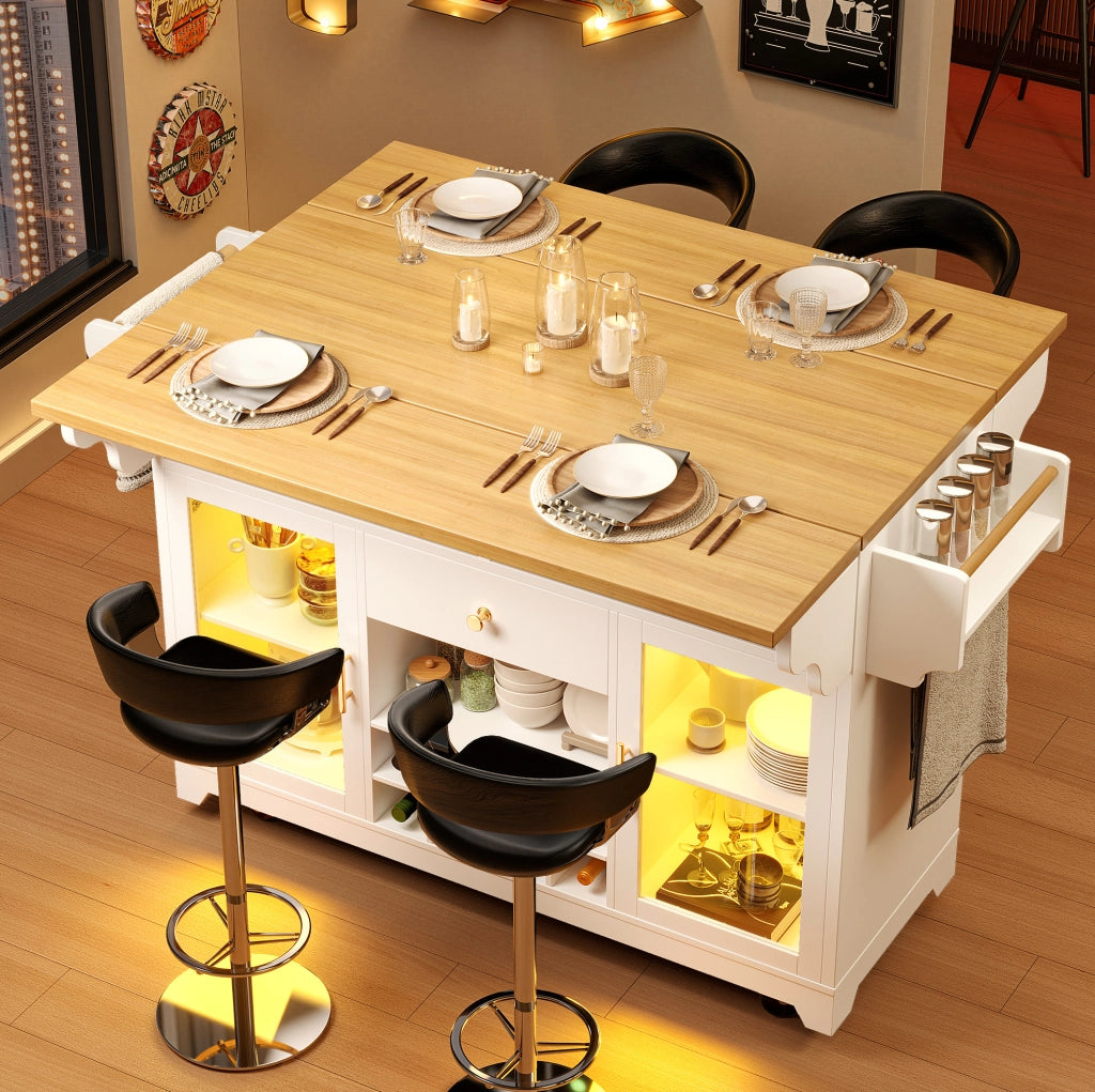Carrello da cucina con luci LED RGB, ripiani regolabili, tavolo pieghevole e portabottiglie, altezza 95 cm, bianco