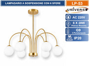 UNIVERSO LP-53 LAMPADARIO MODERNO 6 LUCI ORO SATINATO CON PARALUMI SFERICI BIANCHI ATTACCO G9 DESIGN ELEGANTE