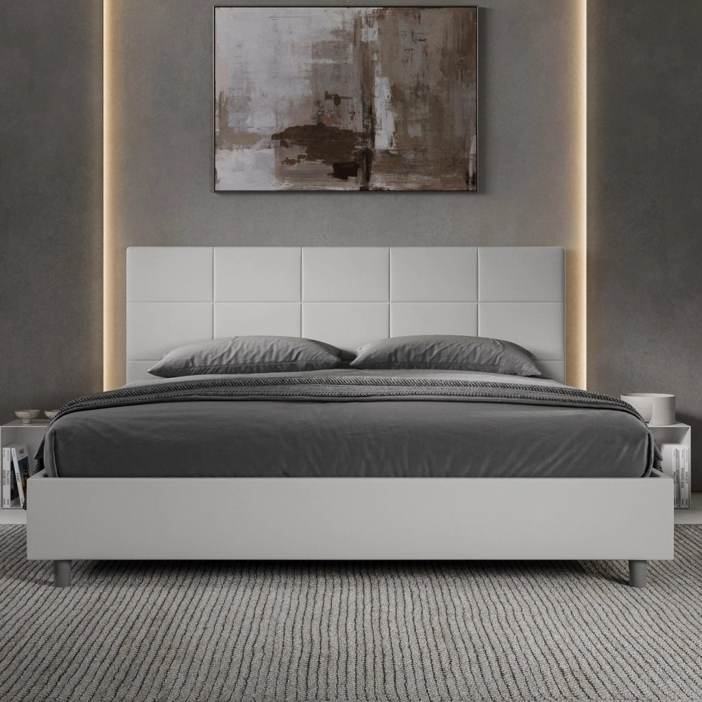 Letto Matrimoniale King Size con Testiera Trapuntata in Similpelle 180x210 Con Rete Mika Bianco