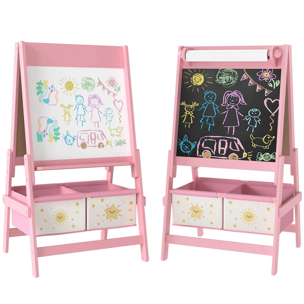 Lavagna per bambini 3 in 1 cavalletto a doppia faccia in legno e MDF rosa con rotolo di carta robusto 54 x 46 x 94 cm