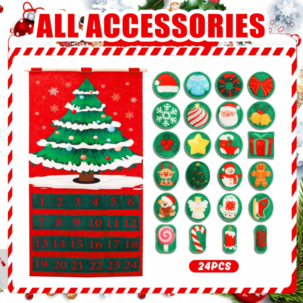 Calendario dell'Avvento in feltro con 24 decorazioni, dimensioni 76x42 cm, per contare i giorni fino al Natale