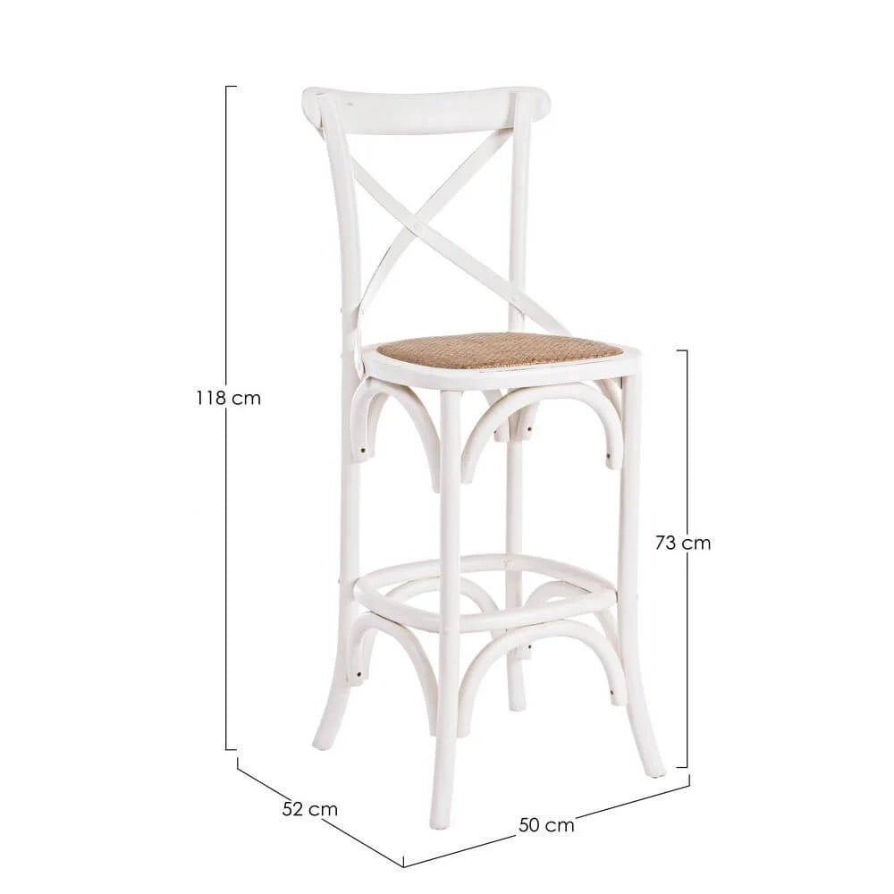 Sgabello da Bar in Legno di Olmo con Seduta in Rattan Cross Bianco