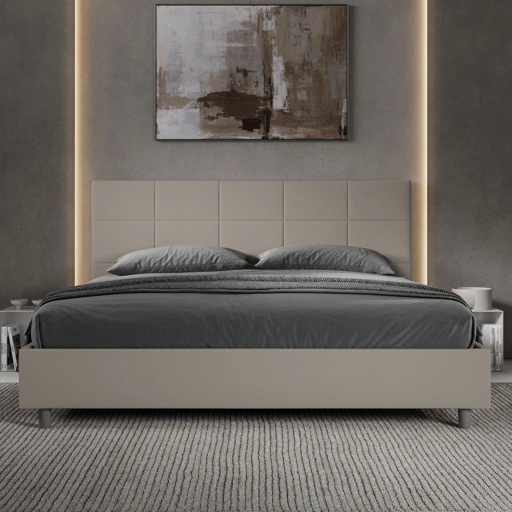 Letto Matrimoniale King Size con Testiera Trapuntata in Similpelle 180x210 Con Rete Mika Tortora
