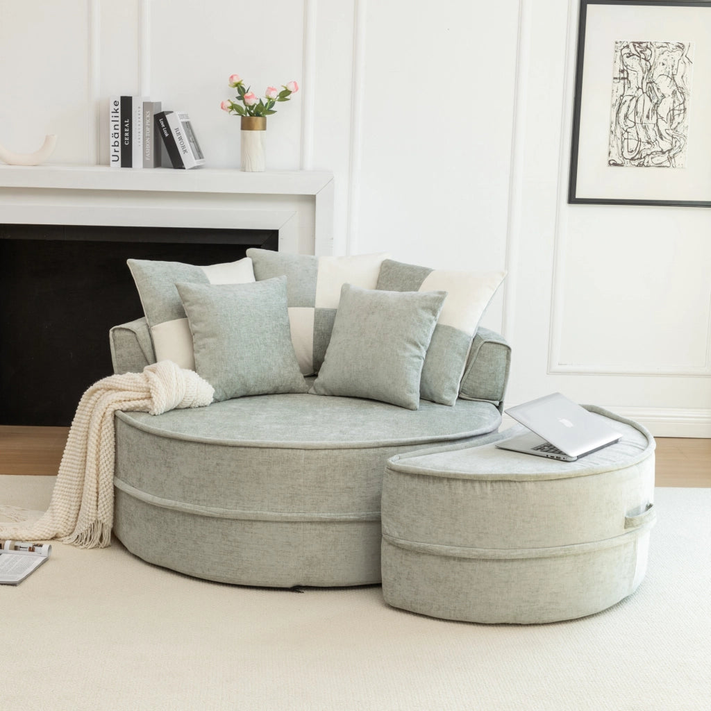 Poltrona chaise longue rotonda 121 cm con pouf e 5 cuscini; schiuma e rivestimento in ciniglia verde menta