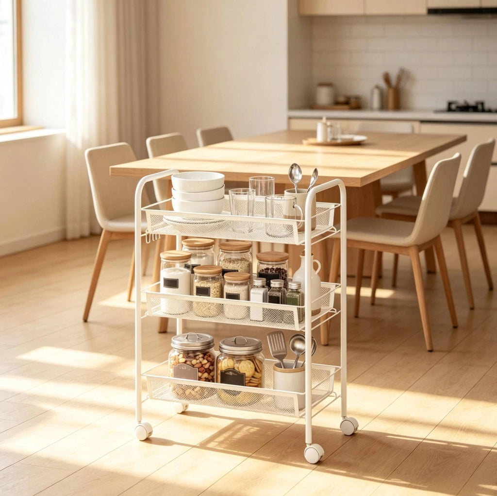 Carrello portaoggetti su ruote a 3 livelli in acciaio bianco per cucina e casa, 45x26,5x63 cm