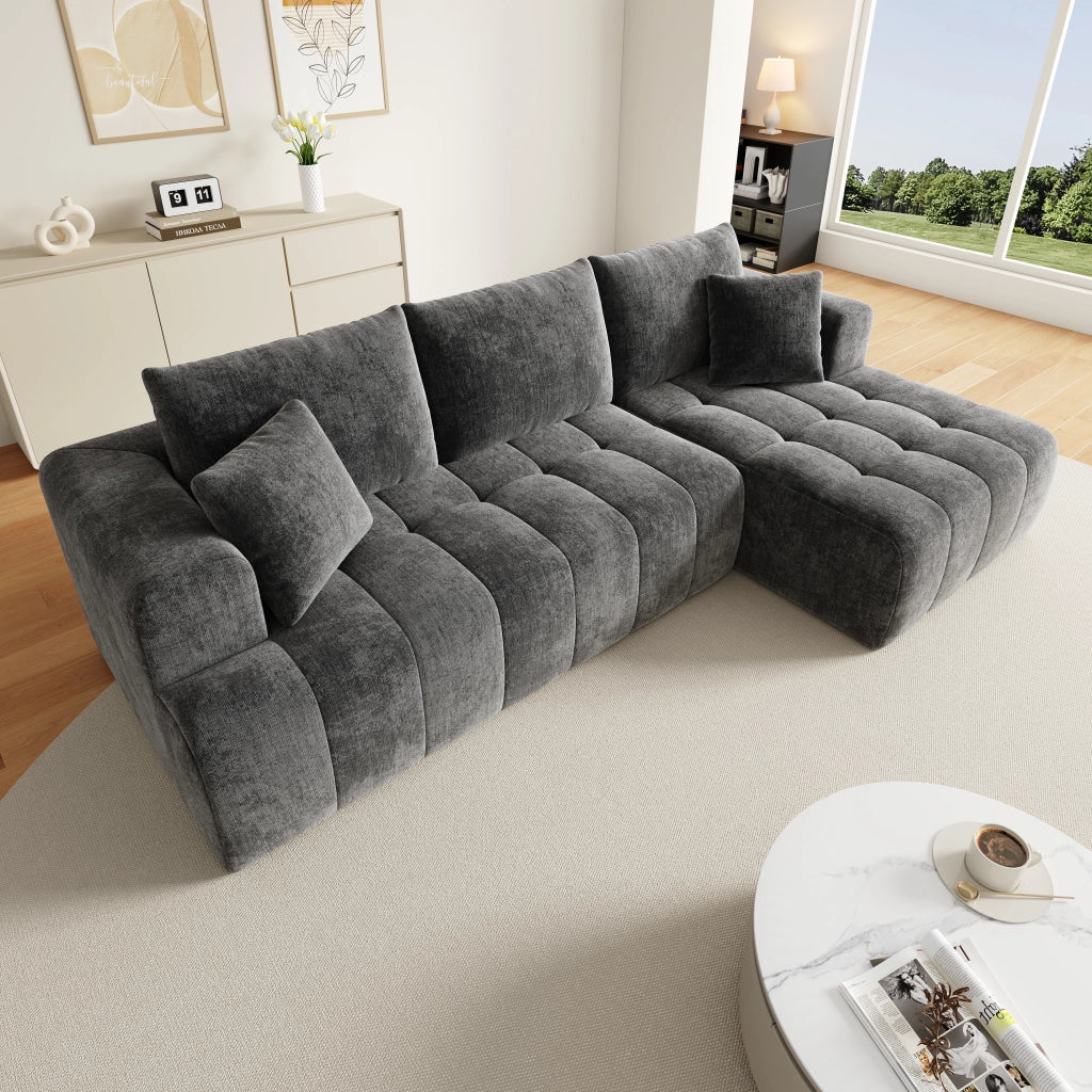 Divano angolare modulare a L 244;5x136 cm in ciniglia grigia; design basso; 3-4 posti; senza struttura