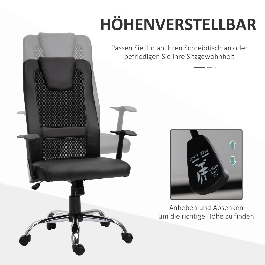 Sedia da ufficio ergonomica con braccioli; altezza regolabile; schienale in rete e rivestimento in similpelle; 66x73x108-118 cm; nera