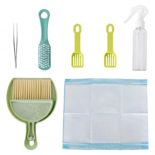 Set per la pulizia degli animali domestici: mini scopa, paletta, pinzette, 10 salviette