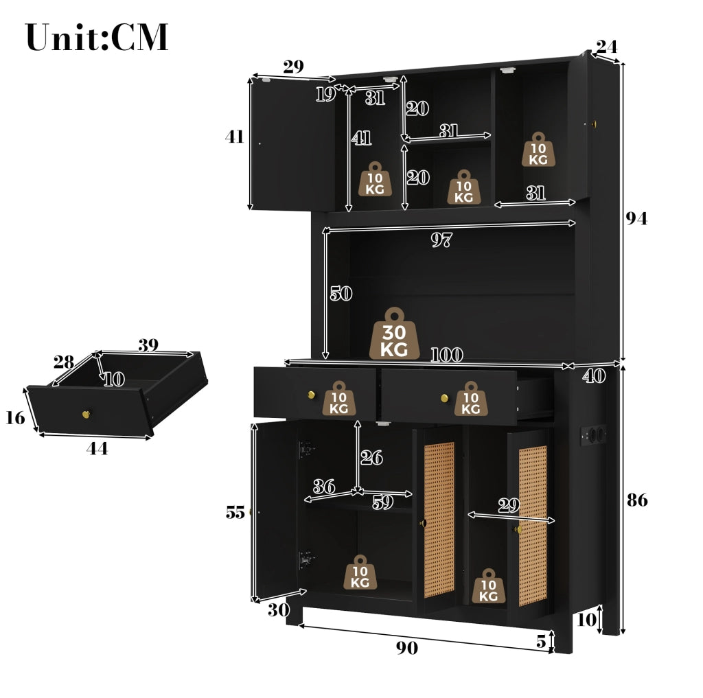 Mobile alto da cucina nero in MDF con LED RGB e prese, 100x40x180 cm