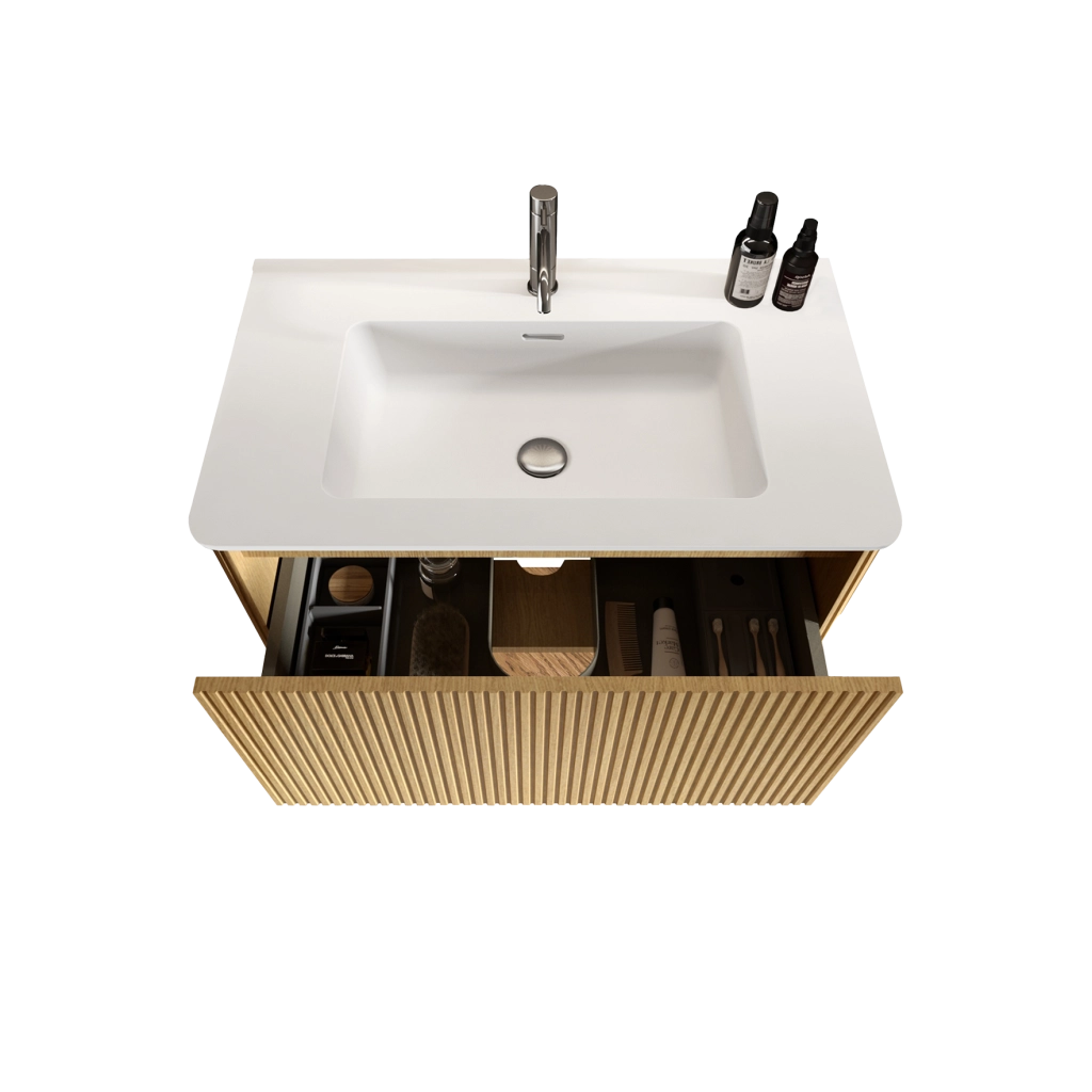 Mobile sottolavabo larghezza 80 cm con lavabo e cassetti push to open in mdf compensato e solid surface rovere