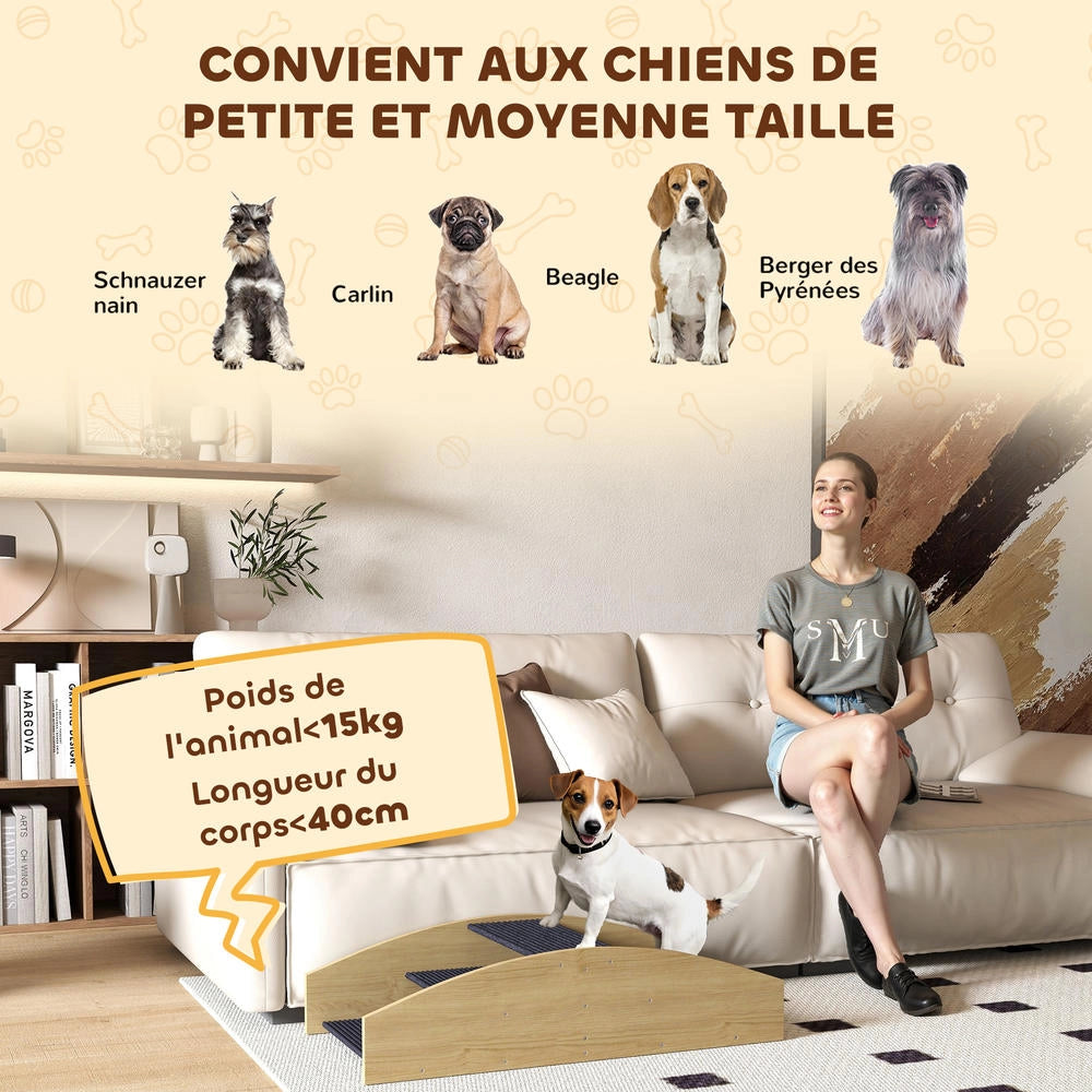 Scaletta per Cani 3 Gradini e Altalena Agility 2 in 1 Reversibile in Legno Naturale, Rampa Antiscivolo per Animali 80x39,5x20cm