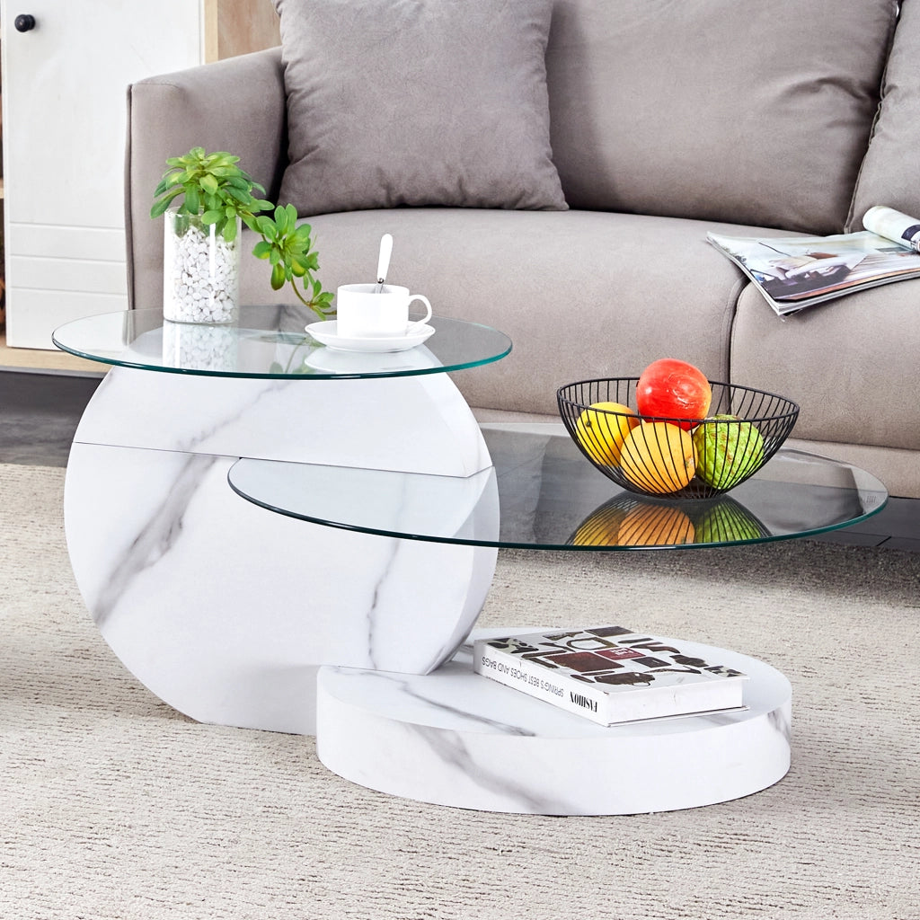 Tavolino da caffè a 2 livelli con vetro di sicurezza Ø50/70 cm; struttura in MDF bianco e trasparente