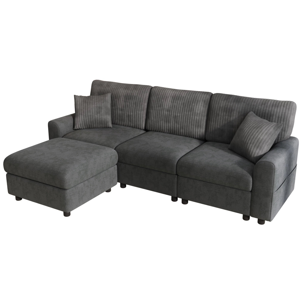 Divano 223x146 cm in ciniglia e velluto a coste grigio con USB e USB-C