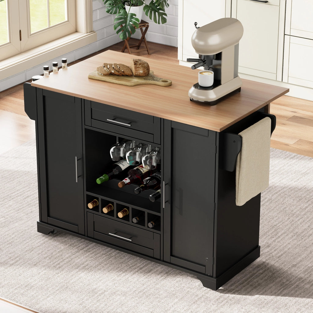 Carrello da cucina su ruote 138 × 45 × 92 cm con piano pieghevole armadietti cassetti portabottiglie nero naturale