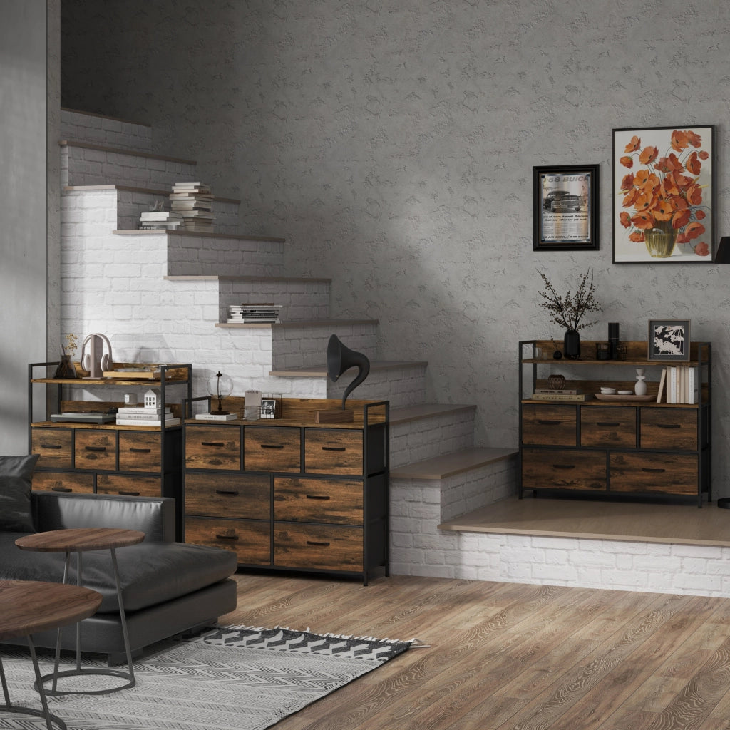 Cassettiera con 7 cassetti in tessuto ¨C Xylo ¨C stile industriale, struttura in metallo nero, 98x29x85cm