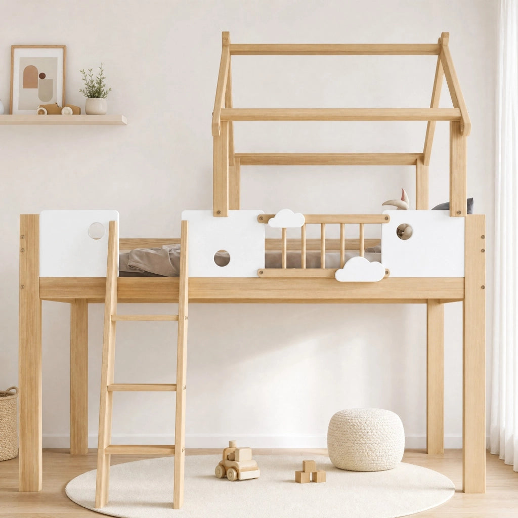 Letto a soppalco 90x200 cm bianco e naturale con tetto, barriera e scala