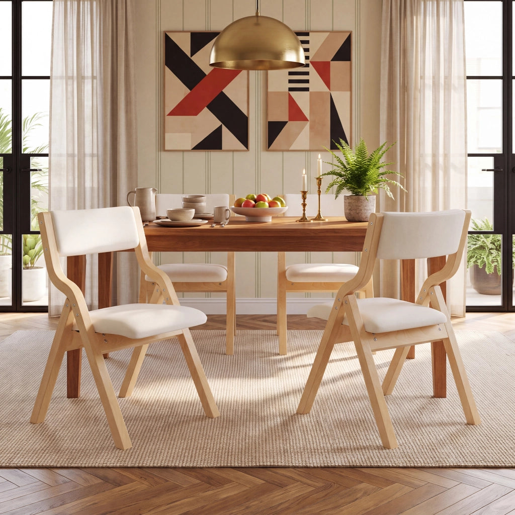 Set di 4 sedie da pranzo pieghevoli con struttura in legno massiccio, seduta imbottita e tessuto in lino beige