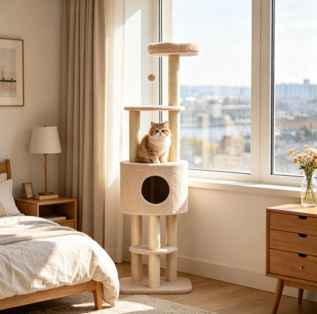 Tiragraffi multilivello beige con nicchia e tirasgraffi in sisal