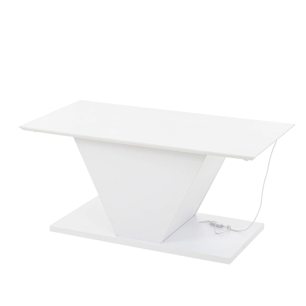 Tavolino da salotto a V con illuminazione LED regolabile e piano lucido, per soggiorno, bianco, 100 × 50 × 46 cm