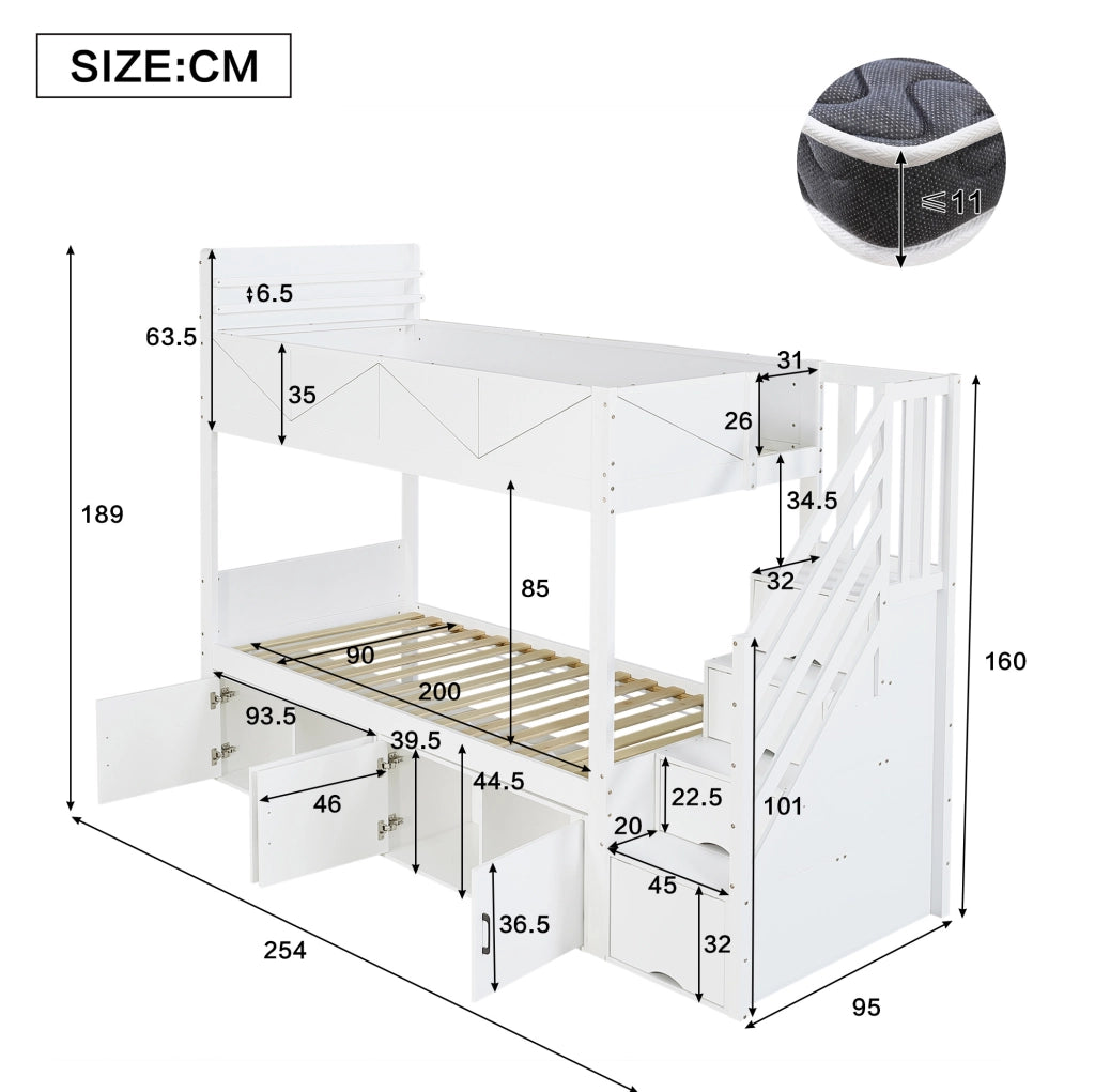 Letto a castello bianco 90x200 cm con scala contenitore; vani chiusi e protezione alta