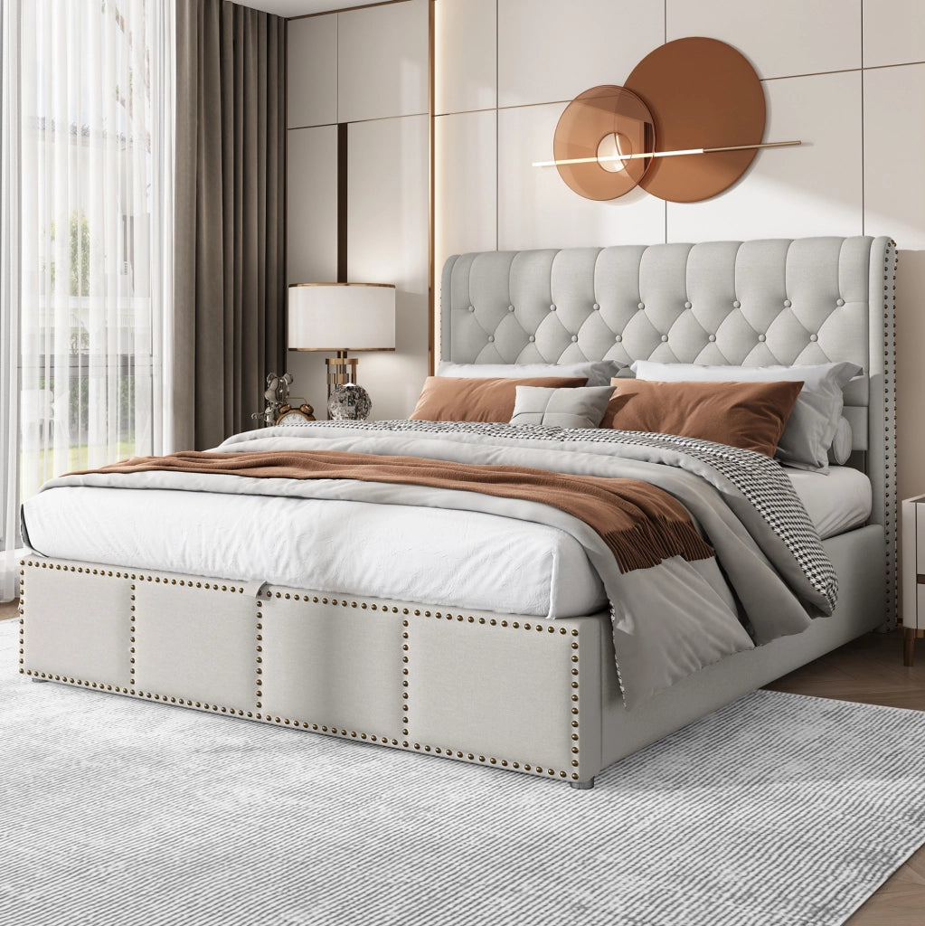 Letto contenitore 140 × 200 cm grigio in cotone-lino con rete a doghe