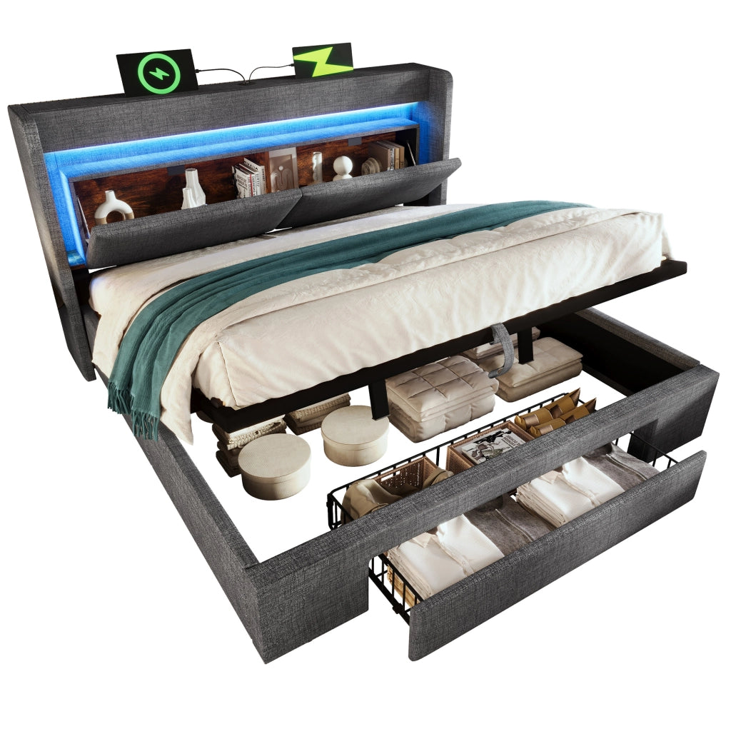 Letto imbottito 180 × 200 cm con contenitore idraulico; LED; USB/USB-C; lino grigio