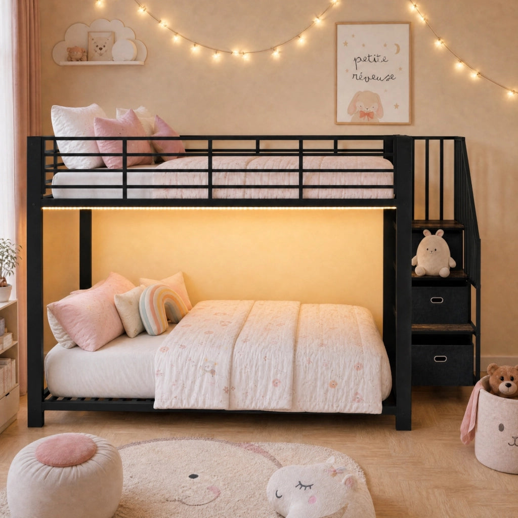 Letto a castello ULEVR 140x200 cm in metallo e MDF, scala reversibile con cassetti, LED, prese e USB, nero