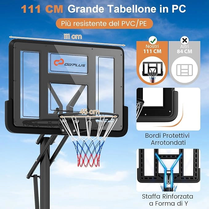 Canestro da Basket da Esterno, Canestro Basket Portatile e Regolabile in Altezza da 1,5 a 3 M con Tabellone in PC da 111 cm, Base Riempibile, Borsa per Pesi e Ruote