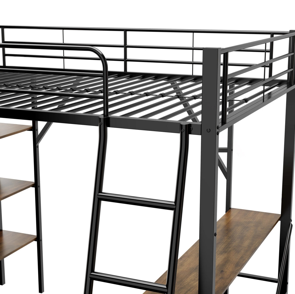 Letto a soppalco 90x200 cm in metallo con scrivania e 3 ripiani, nero
