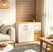 Credenza moderna bianca e naturale con 2 cassetti e vani contenitore