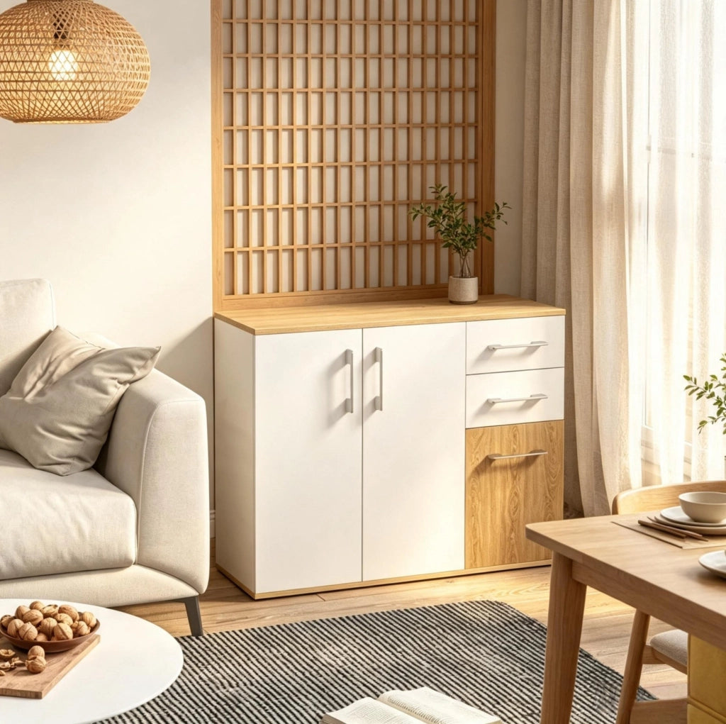 Credenza moderna bianca e naturale con 2 cassetti e vani contenitore