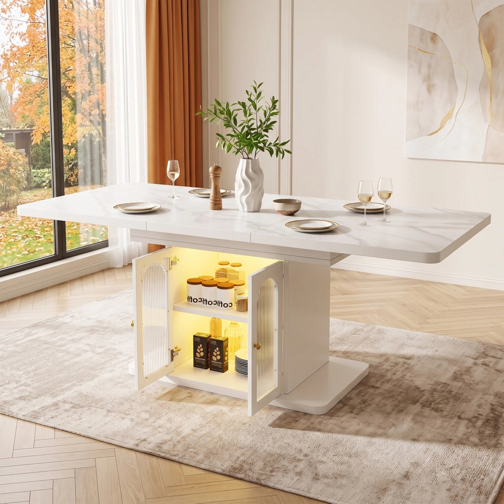 Tavolo da pranzo allungabile, 150/200 x 80 cm, effetto marmo, per 6-8 persone, con vano portaoggetti, illuminazione a LED, bianco