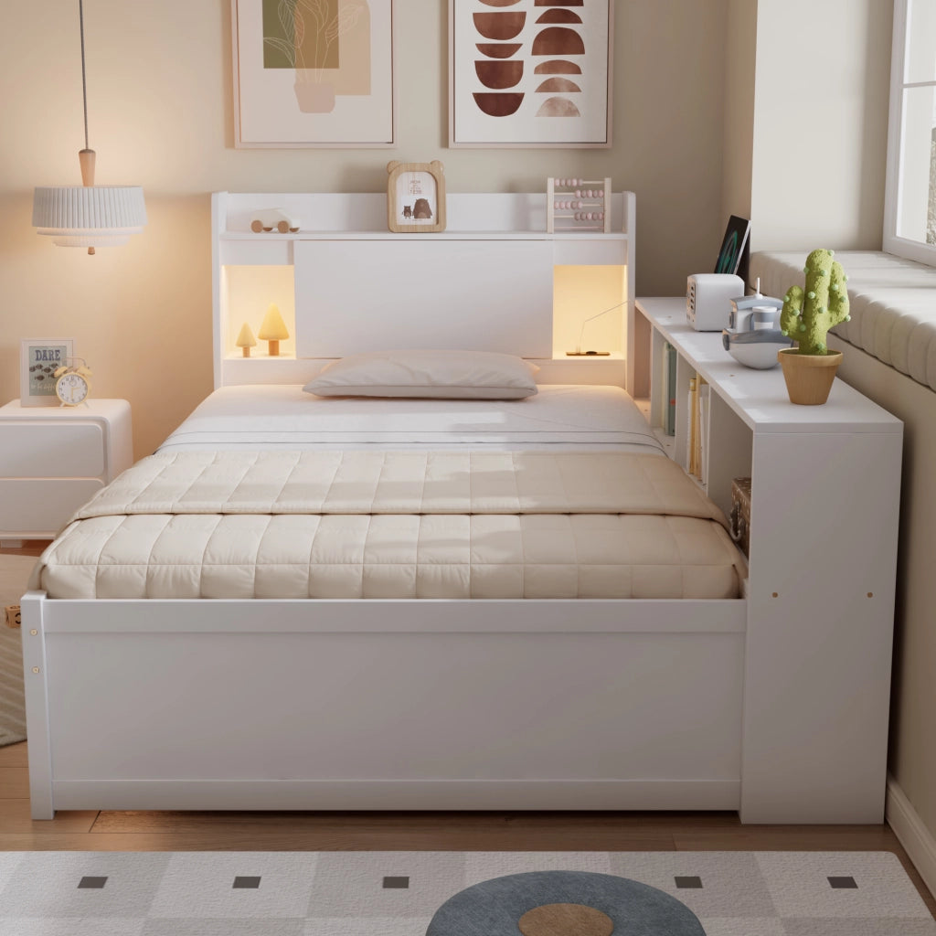 Letto Singolo con Testiera, Cassetti, Comodini e LED ¨C MINIMAL ¨C Bianco, Pino/MDF, 90x200